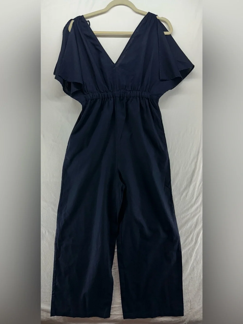 Zara Navy Blue Linen Jumpsuit S Wide Leg V-Neck Tie Back Short Sleeve‎ Rustic